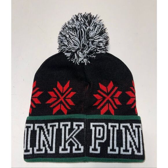 NEW WITH TAGS VICTORIAS SECRET PINK BRAND POM POM HAT BLACK GREEN - Picture 3 of 3